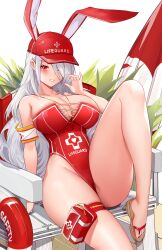 Rule 34 | 1girl, absurdly long hair, absurdres, animal ears, arm support, armband, azur lane, bare shoulders, black nails, blush, breasts, chinese commentary, cleavage, collarbone, commentary request, doughnut innertube, fake tail, flip-flops, hair between eyes, hand up, hat, highleg, highleg swimsuit, highres, knee up, large breasts, lifebuoy, lifeguard, lifeguard chair, long hair, looking at viewer, mcic0, mole, mole on body, mole under eye, official alternate costume, one-piece swimsuit, one eye closed, parted lips, pouch, prinz heinrich (azur lane), prinz heinrich (rabbit on watch) (azur lane), rabbit ears, red eyes, red hat, red one-piece swimsuit, sandals, shadow, sidelocks, sitting, skindentation, smile, solo, strapless, strapless one-piece swimsuit, swim ring, swimsuit, tail, thigh pouch, very long hair, whistle, whistle around neck, white background, white hair