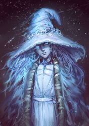 Rule 34 | 1girl, absurdres, blue eyes, cloak, closed mouth, elden ring, extra faces, fur cloak, hat, head tilt, highres, looking at viewer, moni95424940, one eye closed, ranni the witch, smile, solo, standing, white hat, witch hat