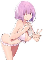 Rule 34 | 1girl, absurdres, bare shoulders, bikini, blush, breasts, cellphone, cleavage, closed mouth, collarbone, gridman universe, hands up, highres, jikatarou, large breasts, leaning forward, licking lips, light purple hair, looking at viewer, navel, phone, red eyes, shinjou akane, short hair, simple background, smile, solo, ssss.gridman, strap pull, swimsuit, thighs, tongue, tongue out, white background, white bikini