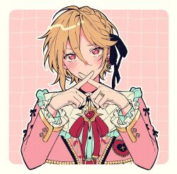 Rule 34 | 1boy, black ribbon, blonde hair, blush, buttons, commentary, earrings, ensemble stars!, frills, gloves, hair ribbon, heart, jewelry, long sleeves, male focus, mcopoon, nito nazuna, red eyes, ribbon, ring, short hair, single earring, solo, white gloves, x fingers