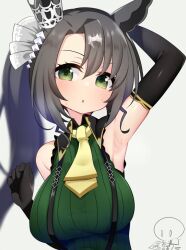 Rule 34 | 1girl, animal ears, arm up, armpits, black gloves, black hair, breasts, commentary request, elbow gloves, furaggu, gloves, green eyes, hair between eyes, hair ornament, horse ears, horse girl, looking at viewer, medium breasts, open mouth, presenting armpit, satono crown (umamusume), side ponytail, sleeveless, solo, umamusume, upper body, white background
