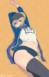 Rule 34 | 1girl, arms up, artoria pendragon (fate), baseball cap, black legwear, blonde hair, blue scarf, blush, breasts, buruma, covered mouth, fate/grand order, fate (series), green eyes, gym uniform, hat, jacket, looking at viewer, medium breasts, midriff, mysterious heroine x (fate), navel, ponytail, rojiura satsuki : chapter heroine sanctuary, saber (fate), scarf, simple background, solo, thighs, track jacket, utu (ldnsft)