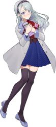 Rule 34 | 1girl, alternate costume, black thighhighs, blue dress, blue eyes, blue footwear, blush, box, coat, dress, drew (drew213g), full body, gift, gift box, grey coat, hairband, kantai collection, long hair, official art, parted lips, plaid, plaid hairband, sagiri (kancolle), silver hair, solo, thighhighs, transparent background, white background