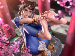 Rule 34 | 1girl, barefoot, blue pants, bracelet, branch, brown hair, capcom, cherry blossoms, chinese clothes, chun-li, double bun, feet, foot focus, hair bun, hair ribbon, holding own foot, jewelry, legs up, liang xing, light blush, pants, petals, ribbon, sitting, smile, soles, solo, street fighter, street fighter 6, toes