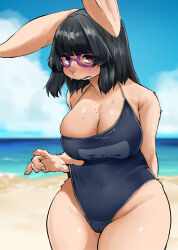 Rule 34 | 1girl, absurdres, arm behind back, beach, black hair, blush, breasts, cameltoe, cleavage, cleft of venus, furry, glasses, highres, large breasts, large ears, long hair, looking at viewer, markings, mole, mole under eye, outdoors, purple eyes, rabbit, school swimsuit, seaside, solo, standing, suima (sleepiness18), sweat, swimsuit, thick thighs, thighs