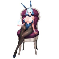 Rule 34 | 1girl, animal ears, blue hair, bow, bowtie, breasts, brown pantyhose, chair, cleavage, crossed legs, detached collar, full body, hair between eyes, high heels, highres, huge breasts, ice, last origin, leotard, light blue hair, official art, pantyhose, playboy bunny, rabbit ears, red eyes, sitting, snowball22, solo, tachi-e, titania frost, transparent background, wrist cuffs