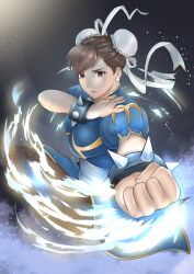 Rule 34 | 1girl, absurdres, brown eyes, brown hair, capcom, chinese clothes, chun-li, clenched hand, double bun, fighting stance, hair bun, highres, looking at viewer, medium hair, sash, solo, street fighter, xuuikie ashe