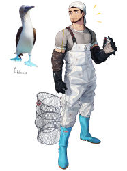 Rule 34 | 1boy, absurdres, beard, bird, black gloves, blue-footed booby, blue footwear, boots, elbow gloves, facial hair, gloves, grey shirt, highres, holding, male focus, muscular, muscular male, net, original, overalls, personification, rinotuna, rubber boots, shadow, shirt, short sleeves, solo, white overalls