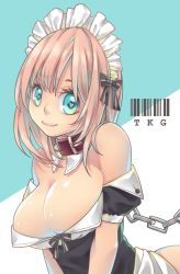 Rule 34 | 1girl, arched back, barcode, bdsm, blue eyes, borrowed character, bow, breasts, chain, cleavage, closed mouth, collar, eyelashes, hair bow, heart, heart-shaped pupils, highres, looking at viewer, maid, maid headdress, off shoulder, original, pink hair, puffy short sleeves, puffy sleeves, revision, roy (pixiv992911), short hair, short sleeves, smile, solo, symbol-shaped pupils, takagi (tansuke), text focus, upper body
