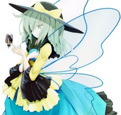 Rule 34 | 1girl, bug, butterfly, butterfly wings, eyeball, floral print, green eyes, green hair, hat, hat ribbon, insect, insect wings, ishikkoro, komeiji koishi, long hair, long sleeves, matching hair/eyes, ribbon, shirt, simple background, skirt, solo, string, third eye, touhou, white background, wide sleeves, wings