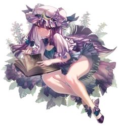 Rule 34 | 1girl, bare legs, blue bow, blunt bangs, book, bow, capelet, closed mouth, crescent, crescent hat ornament, dress, full body, green dress, hair bow, hat, hat ornament, highres, kiseru, long hair, looking at viewer, mob cap, patchouli knowledge, purple capelet, purple eyes, purple footwear, purple hair, purple hat, shoes, sitting, slit pupils, smoking pipe, solo, thupoppo, touhou, very long hair, white background