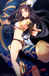 Rule 34 | 1girl, armlet, ass, asymmetrical legwear, asymmetrical sleeves, bare shoulders, bikini, black bikini, black bridal gauntlets, black choker, black ribbon, blue thighhighs, breasts, bridal gauntlets, choker, crown, earrings, ebbilin, eyes visible through hair, fate/grand order, fate (series), floating hair, hair ribbon, hand up, happy, head tilt, heavenly boat maanna, high heels, hoop earrings, ishtar (fate), jewelry, large breasts, long hair, long legs, looking at viewer, looking back, medium breasts, midriff, neck, necklace, open mouth, outstretched arm, parted bangs, pointing, revealing clothes, revision, ribbon, sideboob, single bare arm, single bare leg, single bridal gauntlet, single thighhigh, solo, space, standing, standing on one leg, strapless, strapless bikini, swimsuit, teeth, thighhighs, tohsaka rin, two side up, type-moon, uneven legwear, uneven sleeves, upper teeth only, white bikini, yellow footwear