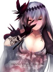 Rule 34 | 10s, 1girl, alternate costume, bare shoulders, black gloves, breasts, cleavage, collarbone, dark jeanne, dress, gloves, granblue fantasy, hair ornament, highres, jeanne d&#039;arc (granblue fantasy), kojima (blue stardust), lace, lace-trimmed gloves, lace trim, large breasts, long hair, looking at viewer, red eyes, silver hair, smile, solo, upper body, white dress