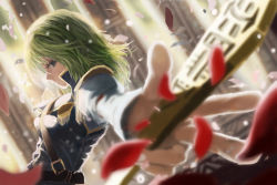 Rule 34 | 1girl, belt, blue eyes, blurry, depth of field, expressionless, foreshortening, from side, green hair, high collar, holding, light particles, long sleeves, looking at viewer, outstretched arm, perspective, petals, profile, rod of remorse, shiki eiki, shirt, sideways glance, solo, touhou, upper body, urabe michiru, vest