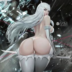 Rule 34 | 1girl, ass, bare back, bare shoulders, breasts, commentary, fusion, highres, katana, kill la kill, kiryuuin satsuki, large breasts, long hair, looking at viewer, looking back, nier (series), nier:automata, solo, sword, thick thighs, thighhighs, thighs, thong, very long hair, watermark, weapon, web address, white hair, white thighhighs, 2b (nier:automata), zeronis