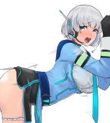 Rule 34 | 1girl, arched back, ass, bad id, bad pixiv id, belt, black gloves, blue eyes, breasts, clothes lift, cowboy shot, from side, gloves, headset, highres, hikichi sakuya, implied sex, large breasts, leaning forward, leaning on object, long sleeves, looking at viewer, necktie, open mouth, original, panties, panty pull, short hair, side slit, silver hair, skirt, skirt lift, solo, standing, trembling, underwear, war of brains, white background, white panties, zipper