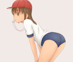 Rule 34 | 1girl, ass, baseball cap, bent over, blue buruma, blush, brown eyes, brown hair, buruma, character request, child, copyright request, cowboy shot, female focus, from side, gluteal fold, grey background, gym shirt, gym uniform, hands on own knees, hat, mouth hold, red hat, shirt, short sleeves, simple background, solo, source request, suenaga (progressive), uniform, whistle, white shirt