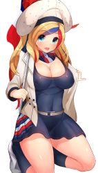 Rule 34 | 10s, 1girl, absurdres, aqua eyes, beret, blonde hair, blue dress, blue eyes, blue hair, boruhis, breasts, cleavage, commandant teste (kancolle), covered erect nipples, covered navel, dress, hair ornament, hat, highres, jacket, kantai collection, kneeling, large breasts, long hair, looking at viewer, multicolored hair, open mouth, pom pom (clothes), red hair, short dress, solo, streaked hair, swept bangs, wavy hair, white hair