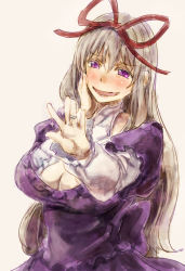 Rule 34 | 1girl, blonde hair, blush, breasts, cleavage, dress, hair ribbon, hand on own cheek, hand on own face, jewelry, large breasts, long hair, open mouth, purple dress, purple eyes, ribbon, ring, smile, solo, touhou, upper body, wedding band, yakumo yukari, yohane