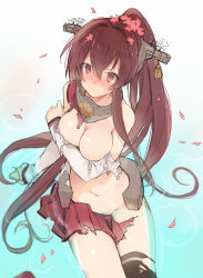 Rule 34 | 10s, 1girl, bad id, bad pixiv id, blush, breasts, brown eyes, brown hair, cherry blossoms, cleavage, flower, hair flower, hair ornament, kantai collection, konno seara, large breasts, long hair, ponytail, torn clothes, very long hair, yamato (kancolle)