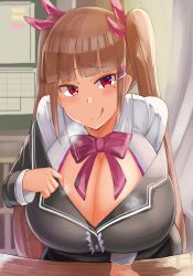 Rule 34 | 1girl, absurdres, amato mone (facominn), breasts, brown hair, cleavage, facominn, hair ornament, hair ribbon, highres, huge breasts, leaning forward, long hair, looking at viewer, original, paizuri invitation, red eyes, ribbon, smile, solo, tagme, tongue, tongue out, twintails