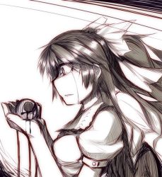 Rule 34 | 1girl, black hair, blood, bow, breasts, cape, crying, crying with eyes open, eyeball, female focus, hair bow, kazetto, long hair, medium breasts, puffy sleeves, reiuji utsuho, short sleeves, sketch, solo, tears, third eye, touhou, wings