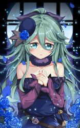 Rule 34 | 1girl, bare shoulders, belt, black belt, blue dress, blue eyes, blue flower, blue hat, blue rose, blush, collarbone, commentary request, cosplay, dress, flower, green hair, grey ribbon, hair ribbon, hat, hat flower, highres, kantai collection, long hair, long sleeves, looking at viewer, mini hat, off-shoulder dress, off shoulder, own hands together, parted lips, ribbon, rice shower (umamusume), rice shower (umamusume) (cosplay), rose, solo, umamusume, upper body, very long hair, yamakaze (kancolle), yasume yukito