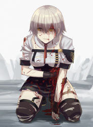 Rule 34 | 1girl, asakiri koko, black gloves, black thighhighs, blood, blood on clothes, blood on face, damaged, girls&#039; frontline, gloves, hair between eyes, highres, looking away, mechanical parts, necktie, partially fingerless gloves, red necktie, seiza, shaded face, short hair, silver hair, simple background, sitting, solo, thighhighs, torn clothes, torn thighhighs, vector (girls&#039; frontline), yellow eyes