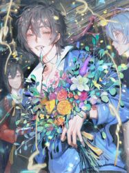 Rule 34 | 3boys, blue eyes, blue hair, bouquet, bow, brown eyes, brown hair, chenyao4444444, confetti, edmond (nu carnival), eiden (nu carnival), flower, hair between eyes, holding, holding bouquet, jewelry, light, looking at viewer, male focus, multicolored hair, multiple boys, necklace, necklace in mouth, nu carnival, open mouth, party, red hair, ribbon, short hair, smile, squinting, teeth, yakumo (nu carnival)