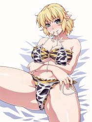 Rule 34 | 1girl, animal print, bed sheet, bikini, blonde hair, blush, breasts, commentary request, cow print, green eyes, highres, large breasts, looking at viewer, mizuhashi parsee, mouth hold, ootsuki wataru, pointy ears, print bikini, short hair, simple background, sitting, solo, sweatdrop, swimsuit, thighs, tiger print, touhou, white background, white bikini, yellow bikini