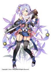 Rule 34 | 1girl, ;d, black panties, black thighhighs, blue gloves, blue hair, bow, flower, flower knight girl, full body, gloves, green eyes, hair bun, hair flower, hair ornament, kurot, laurentia (flower knight girl), looking at viewer, name connection, ninja, obi, object namesake, official art, one eye closed, open mouth, panties, pink bow, sash, scarf, shoes, short hair, side ponytail, simple background, single hair bun, smile, solo, standing, thighhighs, underwear, weapon, white background, white scarf