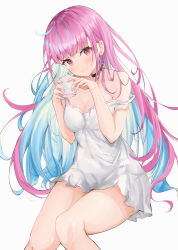 Rule 34 | 1girl, anchor earrings, bare shoulders, black choker, blue hair, blue nails, blush, breasts, choker, colored inner hair, cup, dress, earrings, head tilt, highres, holding, holding cup, hololive, invisible chair, jewelry, large breasts, long hair, looking at viewer, mikanagi yuri, minato aqua, mug, multicolored hair, nail polish, purple eyes, purple hair, short dress, simple background, sitting, smile, solo, strap slip, thighs, two-tone hair, very long hair, virtual youtuber, white background, white dress
