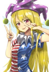 Rule 34 | 1girl, absurdres, american flag dress, arm up, blonde hair, blue nails, blush, breasts, clownpiece, commentary request, dress, eyes visible through hair, fairy wings, fingernails, gurina 15, hair between eyes, hands up, hat, highres, jester cap, long fingernails, long hair, looking at viewer, multicolored nails, nail polish, neck ruff, open mouth, polka dot, purple hat, red eyes, red nails, short sleeves, simple background, small breasts, smile, solo, standing, star (symbol), star print, striped clothes, striped dress, tongue, touhou, transparent wings, v-shaped eyebrows, white background, wings