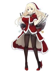 Rule 34 | 10s, 1girl, adapted costume, atago (kancolle), black pantyhose, blonde hair, blue eyes, blush, breasts, christmas, cleavage, female focus, full body, hat, kantai collection, large breasts, long hair, looking at viewer, magicxiang, open mouth, pantyhose, santa costume, santa hat, simple background, smile, solo, thighband pantyhose, transparent background