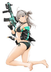 Rule 34 | 1girl, aac honey badger, absurdres, advanced armament corporation, ahoge, aqua nails, ass, assault rifle, badge, barefoot, bikini, black bikini, black gloves, breasts, button badge, carbine, closed mouth, feet, fingerless gloves, from side, full body, gibun (sozoshu), girls&#039; frontline, gloves, grey hair, gun, hair rings, halterneck, hand up, headset, highres, holding, holding gun, holding weapon, honey badger (girls&#039; frontline), integral suppressor, integrally-suppressed firearm, jacket, kneeling, legs, long hair, looking at viewer, looking to the side, medium breasts, nail polish, off shoulder, personal defense weapon, q (firearms company), rifle, side-tie bikini bottom, simple background, solo, strap gap, string bikini, suppressor, swimsuit, thighs, toes, trigger discipline, weapon, wet, white background, window magazine