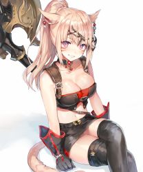 Rule 34 | 10s, 1girl, animal ears, arm support, black gloves, black skirt, black thighhighs, bow, breasts, cat ears, cat tail, cleavage, collarbone, crop top, crossed legs, facial mark, final fantasy, final fantasy xiv, gloves, grin, hair bow, highres, large breasts, lips, long hair, miniskirt, miqo&#039;te, momoko (momopoco), off shoulder, ponytail, shiny skin, sitting, skirt, slit pupils, smile, solo, tail, thighhighs, thighs, warrior (final fantasy), warrior of light (ff14)