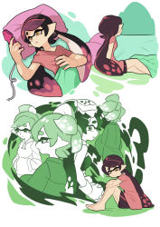 Rule 34 | + +, 2girls, ankle boots, arms behind back, back-to-back, bed, black footwear, black hair, blue shorts, boots, callie (splatoon), casual, cellphone, comic, cousins, detached collar, earrings, food, food on head, gloves, gomipomi, green legwear, green shirt, grey hair, holding, holding phone, indoors, inkling, inkling player character, jewelry, long hair, marie (splatoon), mask, mole, mole under eye, multiple girls, night, night sky, nintendo, object on head, phone, pointy ears, purple shirt, purple shorts, shirt, short hair, short jumpsuit, shorts, silent comic, sitting, sky, smartphone, standing, sushi, t-shirt, tentacle hair, white gloves