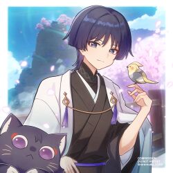 Rule 34 | 1boy, 2others, bird, black kimono, cat, cherry blossoms, closed mouth, genshin impact, japanese clothes, kimono, long sleeves, looking at viewer, male focus, multiple others, purple eyes, purple hair, raramuda 0101, scaramouche (cat) (genshin impact), scaramouche (genshin impact), short hair, smile, wanderer (genshin impact)