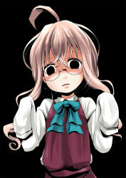 Rule 34 | 1girl, ahoge, black eyes, commentary request, dress, dress shirt, empty eyes, glasses, kantai collection, kurona, long hair, makigumo (kancolle), open mouth, pink hair, red dress, shirt, sleeves past wrists, solo