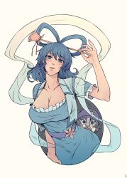 Rule 34 | 2girls, absurdres, arm support, blue dress, blue eyes, blue hair, blue sash, blush, blush stickers, breasts, cabbie hat, cleavage, collarbone, dress, flower, hagoromo, hair between eyes, hair ornament, hair rings, hair stick, hat, hat ornament, head tilt, highres, holding, holding stick, hole in wall, jiangshi, kaku seiga, large breasts, leaning forward, looking at viewer, medium hair, miyako yoshika, multiple girls, ofuda, open clothes, open mouth, open vest, parted lips, purple hair, purple headwear, royl, sash, sharp teeth, shawl, short hair, simple background, star (symbol), star hat ornament, stick, teeth, touhou, upper body, vest, wall, white background