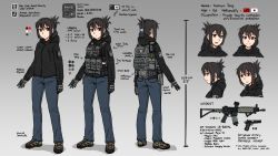 Rule 34 | 1girl, ass, assault rifle, backpack, bag, black hair, character age, character sheet, color guide, english text, folded ponytail, full body, gloves, grey background, gun, hair between eyes, handgun, highres, holster, holstered, jacket, knife, looking at viewer, magazine (weapon), multiple views, ndtwofives, original, palette (object), pants, pistol, bulletproof vest, radio, red eyes, rifle, sheath, sheathed, shoes, simple background, standing, weapon
