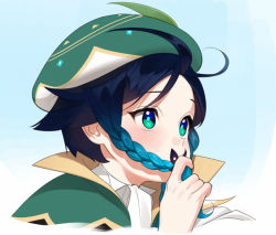 Rule 34 | 1boy, abbystea, androgynous, aqua background, aqua eyes, aqua hair, black hair, blush, braid, collared cape, commentary, from side, genshin impact, gradient background, gradient hair, green eyes, green hat, hat, holding, holding own hair, leaf, multicolored hair, parted bangs, portrait, short hair with long locks, solo, symbol-only commentary, twin braids, two-tone hair, venti (genshin impact), white background