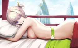 Rule 34 | 1girl, bed sheet, blurry, blurry background, breasts, character request, day, fate/grand order, fate (series), hair between eyes, hair over one eye, hair ribbon, highres, looking at viewer, lying, mash kyrielight, mash kyrielight (enma-tei uniform), medium breasts, miron8915, nude, on stomach, open mouth, pillow, purple eyes, ribbon, short hair, sideboob, silver hair, solo, under covers, yellow ribbon