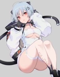 Rule 34 | 1girl, :o, animal ears, ass, black footwear, black gloves, blue hair, blush, breasts, clothing cutout, collar, crossed ankles, dress, gloves, hair between eyes, hair ornament, highres, icomochi, jacket, looking at viewer, medium breasts, original, red eyes, see-through, sitting, tail, thigh strap, thighs, underboob, underboob cutout, white dress, white jacket