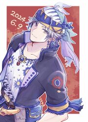 Rule 34 | 1boy, artist name, bandana, bead necklace, beads, belt, belt buckle, black jacket, border, buckle, closed mouth, collarbone, commentary, final fantasy, final fantasy vi, grey hair, highres, jacket, jewelry, locke cole, looking at viewer, male focus, multicolored clothes, necklace, pan ff6, pants, popped collar, print shirt, red background, shirt, short hair, sleeves rolled up, smile, solo, yellow eyes