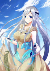 Rule 34 | 1girl, absurdly long hair, bad id, bad pixiv id, blue-eyes white dragon, blue eyes, blush, braid, breasts, collarbone, dragon, dress, duel monster, female focus, gradient background, hairband, headband, highres, large breasts, long hair, looking at viewer, maiden with eyes of blue, mizuichi, smile, solo, very long hair, white hair, yu-gi-oh!, yu-gi-oh! duel monsters