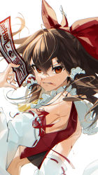 Rule 34 | 1girl, angry, ascot, back, blood, blood from mouth, blood on face, bow, brown eyes, brown hair, collar, commentary request, detached sleeves, floating hair, from behind, gotou (nekocat), hair between eyes, hair bow, hair tubes, hakurei reimu, hand up, highres, holding, long hair, looking at viewer, nail polish, nontraditional miko, red bow, red nails, red shirt, ribbon-trimmed sleeves, ribbon trim, shirt, sidelocks, signature, simple background, sleeveless, solo, touhou, upper body, v-shaped eyebrows, white background, white collar, yellow ascot
