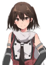 Rule 34 | 1girl, bare shoulders, black necktie, brown eyes, brown hair, closed mouth, detached sleeves, hair between eyes, kantai collection, looking at viewer, necktie, red vest, rinto (rint rnt), scarf, school uniform, sendai (kancolle), sendai kai ni (kancolle), serafuku, short hair, simple background, smile, solo, twintails, two side up, upper body, vest, white background, white scarf