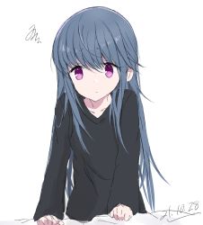 Rule 34 | 1girl, black shirt, blue hair, commentary request, core (mayomayo), dated, dot mouth, hair between eyes, highres, long hair, long sleeves, looking at viewer, oekaki, purple eyes, shima rin, shirt, simple background, solo, upper body, white background, yurucamp