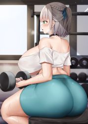 Rule 34 | 1girl, absurdres, ass, back, black choker, blue shorts, blush, braid, breasts, choker, commentary request, dumbbell, exercising, green eyes, grey hair, gym, hair over one eye, hair ribbon, heavy breathing, highres, hololive, huge ass, huge breasts, indoors, kusana (dudqja602), looking away, ribbon, shirogane noel, shirt, short hair, shorts, sideboob, sitting, strapless, sweat, thighs, tube top, underboob, virtual youtuber, weightlifting, white shirt